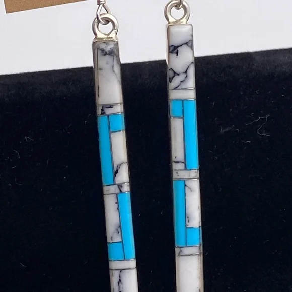 Sterling Silver Earrings Turquoise Inlaid 2” Length Fish Hook Back New - Picture 8 of 8